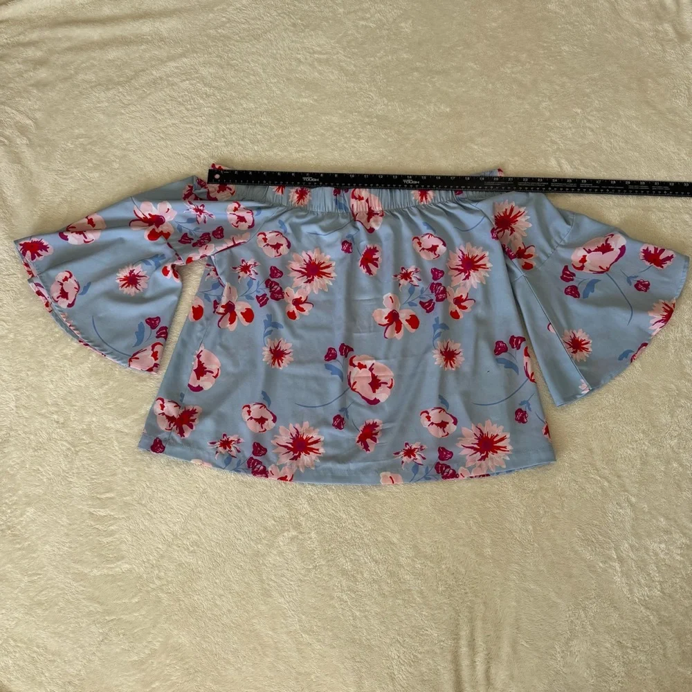 Mud Pie Blue Floral Off The Shoulder Bell Sleeve Blouse Large - Picture 7 of 10